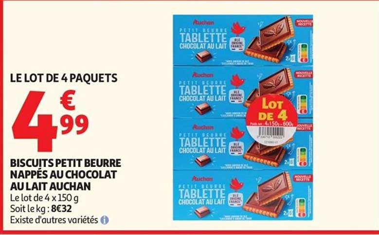 LE LOT DE 4 PAQUETS BISCUITS PETIT BEURRE NAPPÉS AU CHOCOLAT AU LAIT AUCHAN