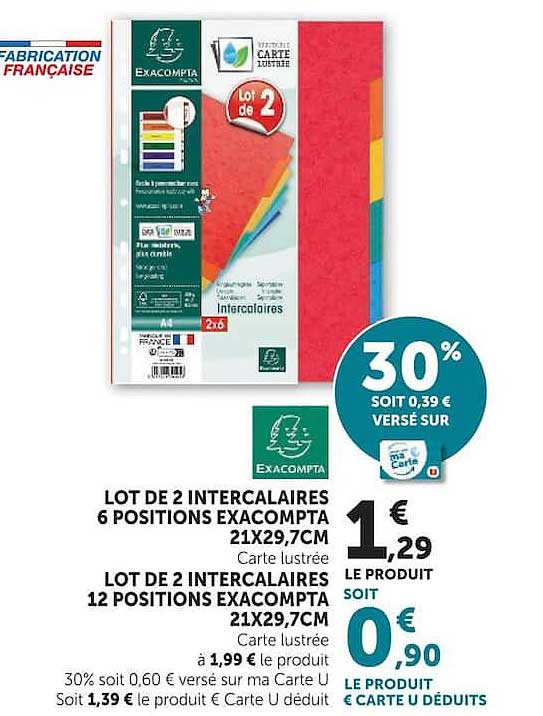 LOT DE 2 INTERCALAIRES 6 POSITIONS EXACOMPTA 21X29,7CM