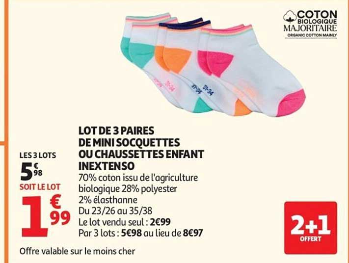 LOT DE 3 PAIRES DE MINI SOCQUETTES OU CHAUSSETTES ENFANT INEXTENSO