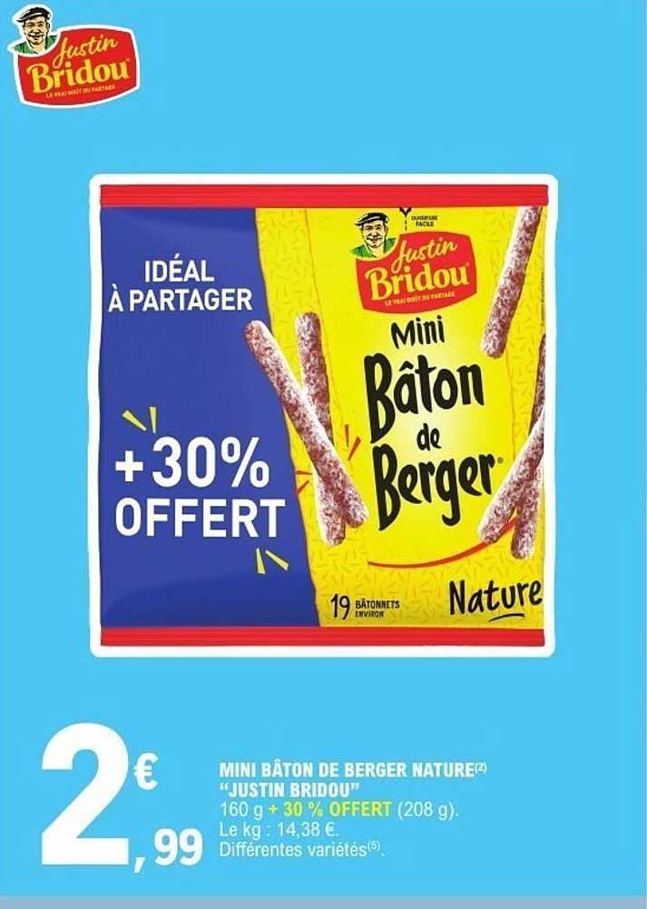 MINI BÂTON DE BERGER NATURE “JUSTIN BRIDOU” 160 g + 30 % OFFERT (208 g)