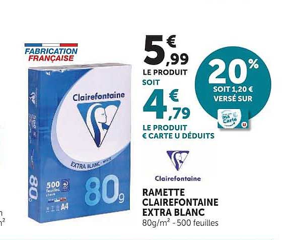 RAMETTE CLAIREFONTAINE EXTRA BLANC 80g/m² - 500 feuilles