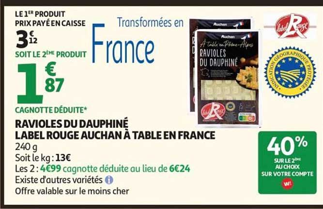 RAVIOLES DU DAUPHINÉ LABEL ROUGE AUCHAN À TABLE EN FRANCE