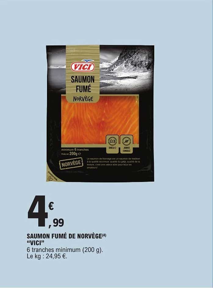 SAUMON FUMÉ DE NORVÈGE «VICI» 6 tranches minimum (200 g). Le kg : 24,95 €.