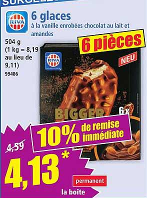 6 glaces à la vanille enrobées chocolat au lait et amandes