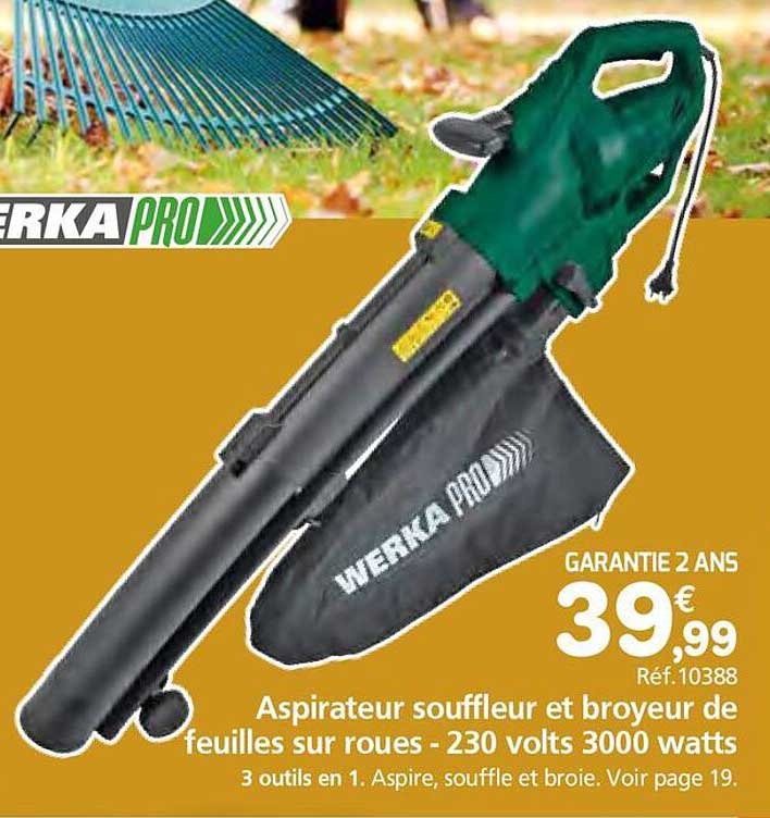 Aspirateur souffleur et broyeur de feuilles sur roues - 230 volts 3000 watts
