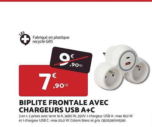 BIPLITE FRONTALE AVEC CHARGEURS USB A+C