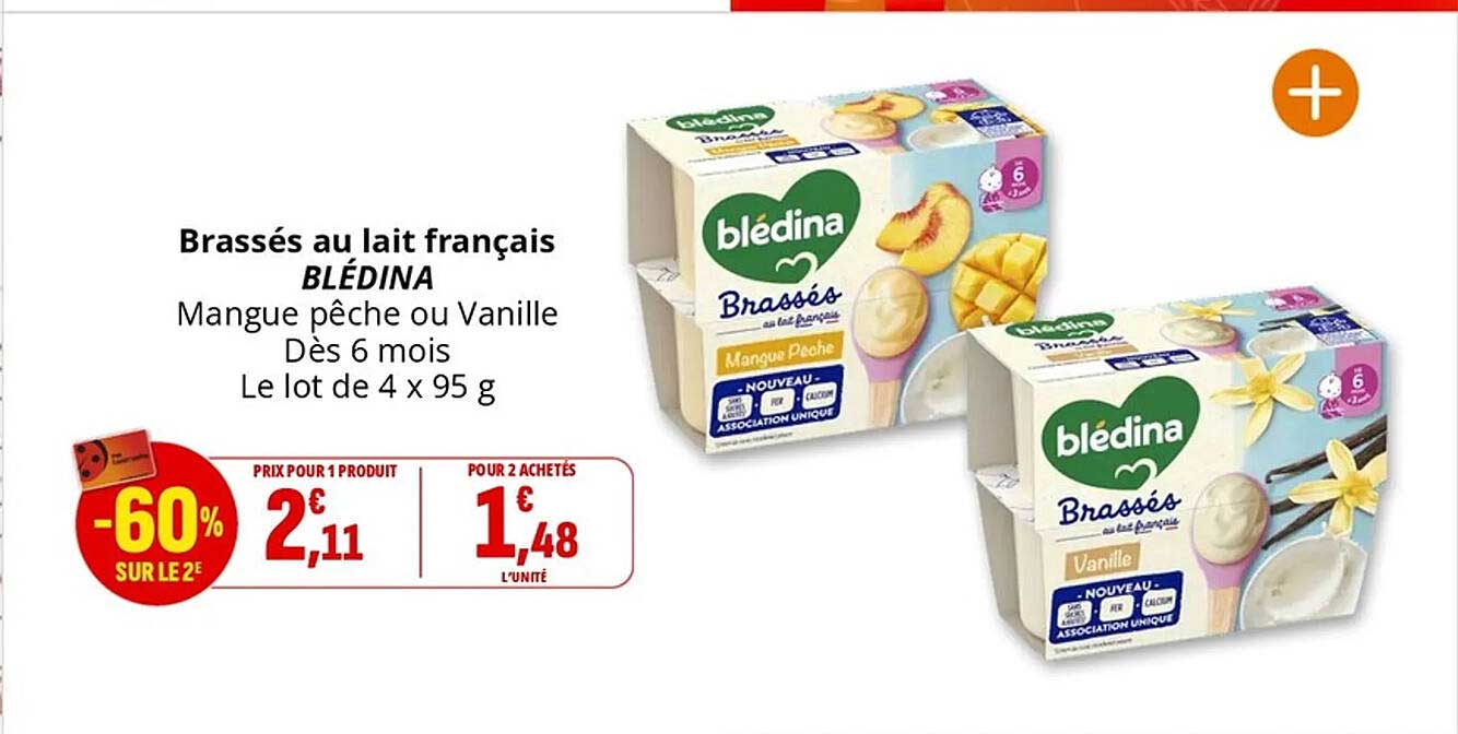Brassés au lait français BLÉDINA Mangue pêche ou Vanille