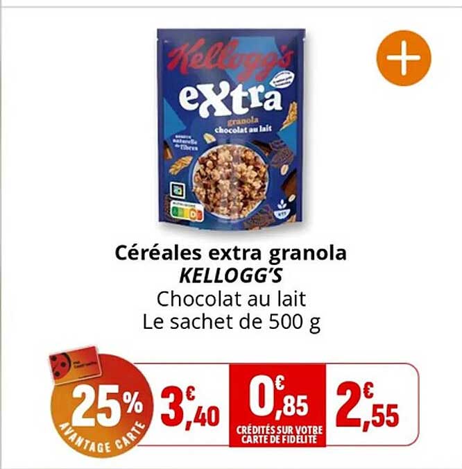 Céréales extra granola KELLOGG’S Chocolat au lait Le sachet de 500 g