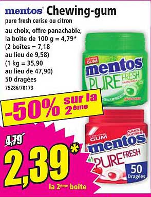 Chewing-gum mentos pure fresh cerise ou citron