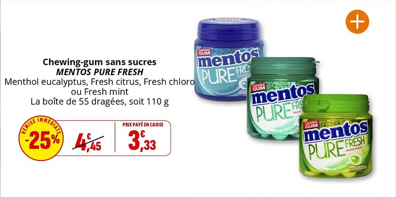 CHEWING-GUM SANS SUCRES MENTOS PURE FRESH