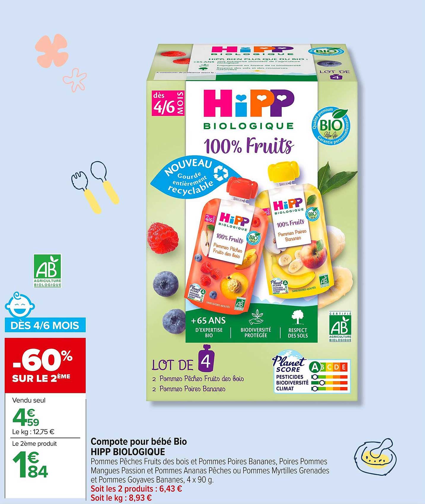 Compote pour bébé Bio HIPP BIOLOGIQUE 100% Fruits