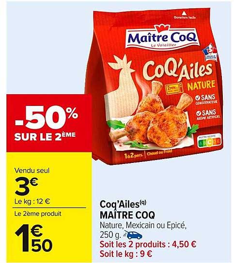 Coq'Ailes® MAÎTRE COQ Nature, Mexicain ou Épicé, 250 g
