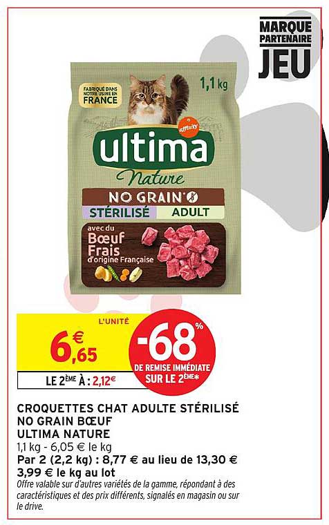 CROQUETTES CHAT ADULTE STÉRILISÉ NO GRAIN BŒUF ULTIMA NATURE
