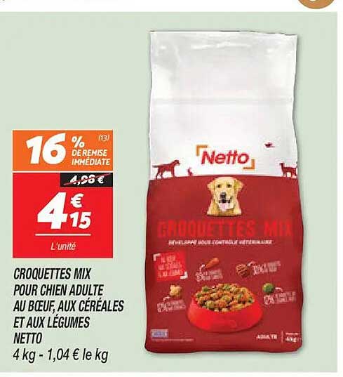 CROQUETTES MIX POUR CHIEN ADULTE AU BŒUF, AUX CÉRÉALES ET AUX LÉGUMES NETTO