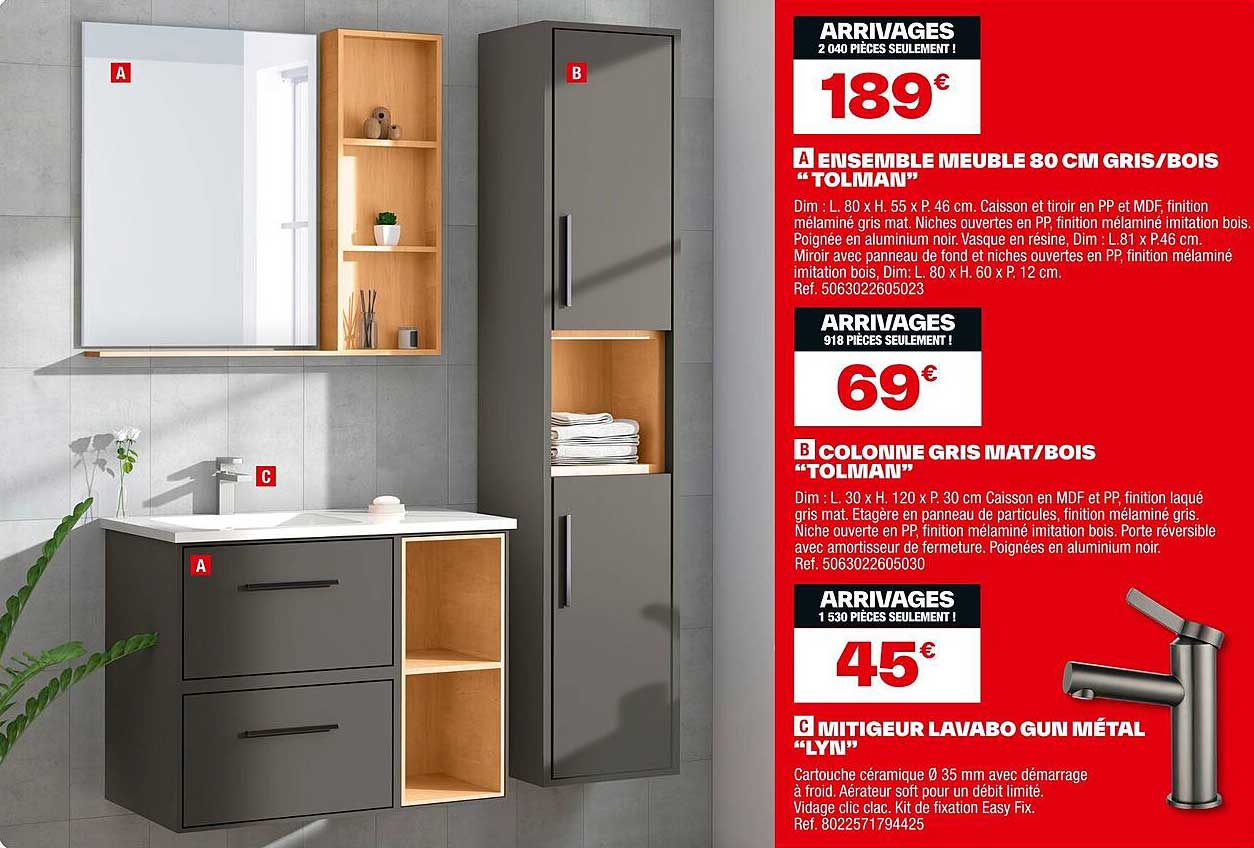 ENSEMBLE MEUBLE 80 CM GRIS/BOIS "TOLMAN"