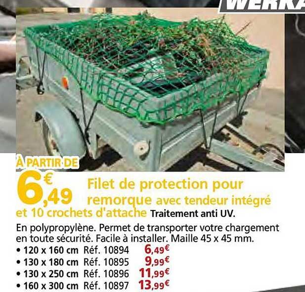 Filet de protection pour remorque avec tendeur intégré et 10 crochets d'attache Traitement anti UV
