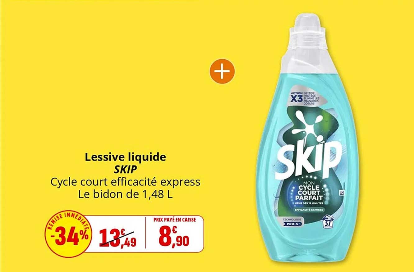 Lessive liquide SKIP Cycle court efficacité express Le bidon de 1,48 L