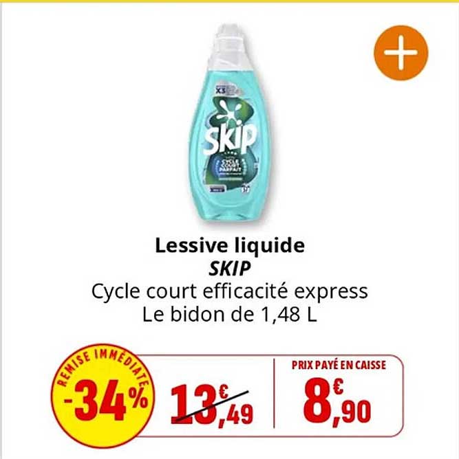 Lessive liquide SKIP Cycle court efficacité express Le bidon de 1,48 L