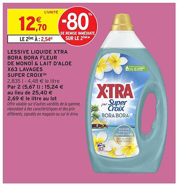 LESSIVE LIQUIDE XTRA BORA BORA FLEUR DE MONOÏ & LAIT D'ALOE X63 LAVAGES SUPER CROIX