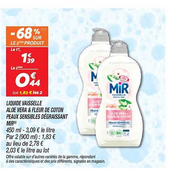 LIQUIDE VAISSELLE ALOE VERA & FLEUR DE COTON PEAUX SENSIBLES DÉGRAISSANT MIR®