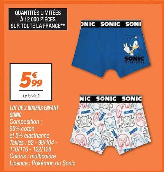 LOT DE 2 BOXERS ENFANT SONIC