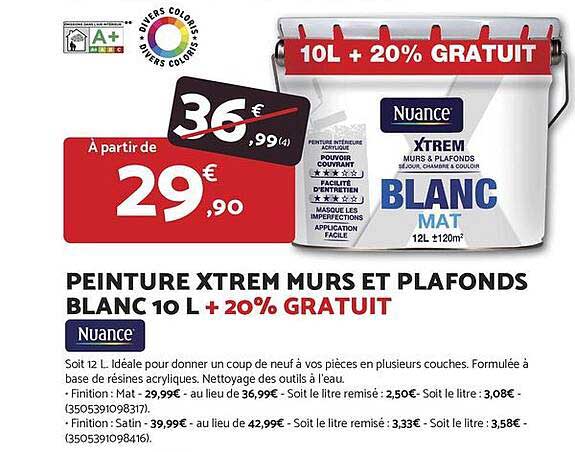PEINTURE XTREM MURS ET PLAFONDS BLANC 10 L + 20% GRATUIT