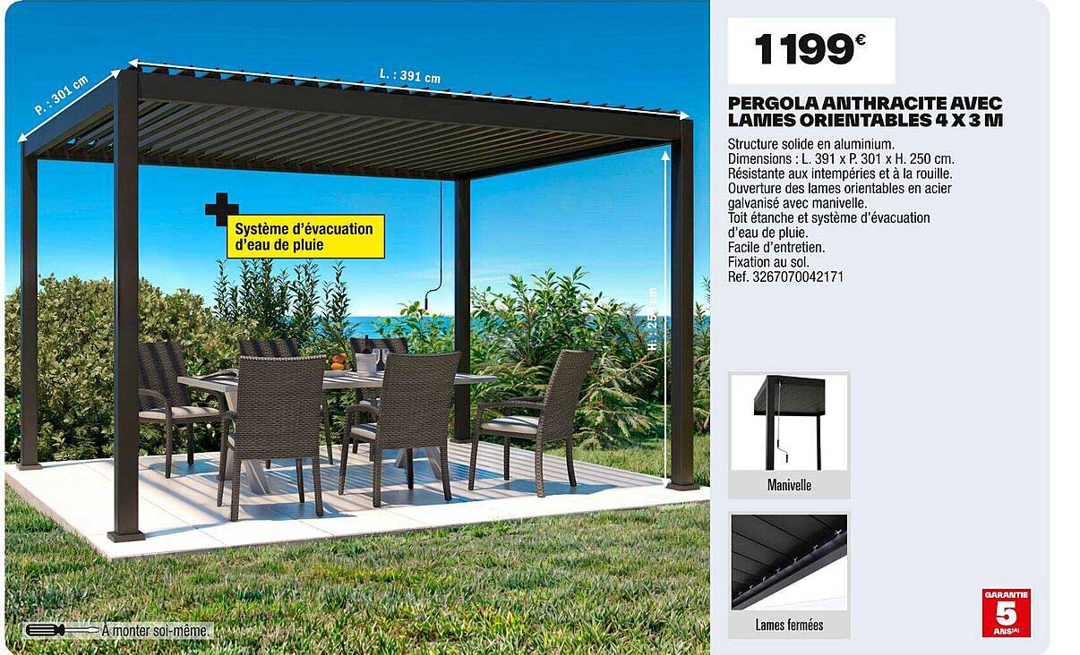 PERGOLA ANTHRACITE AVEC LAMES ORIENTABLES 4 X 3 M