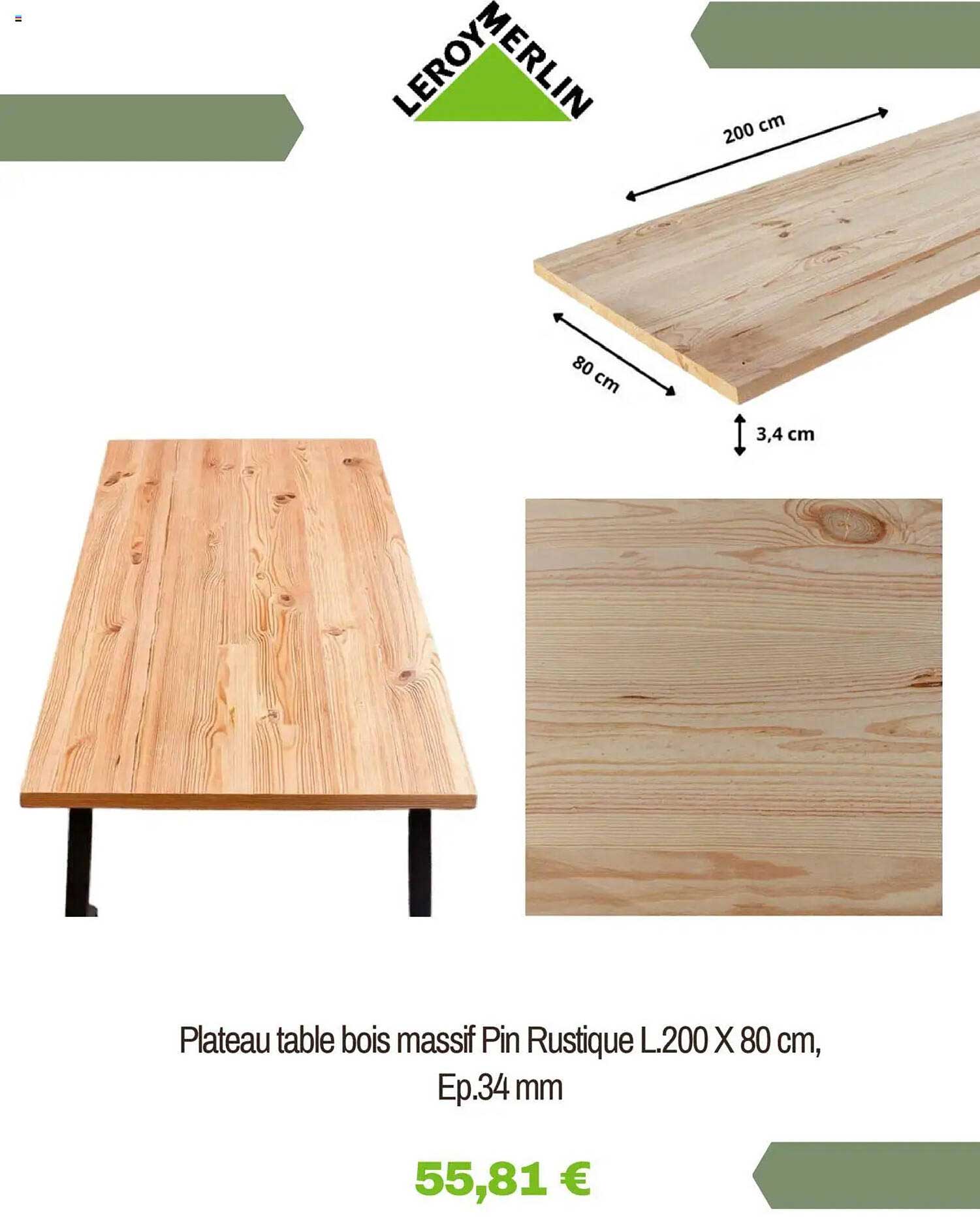 Plateau table bois massif Pin Rustique L.200 X 80 cm, Ep.34 mm