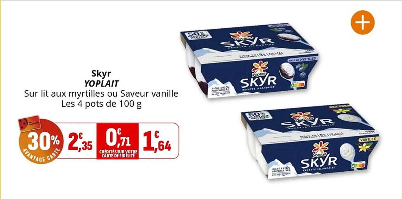 Skyr YOPLAIT Sur lit aux myrtilles ou Saveur vanille Les 4 pots de 100 g