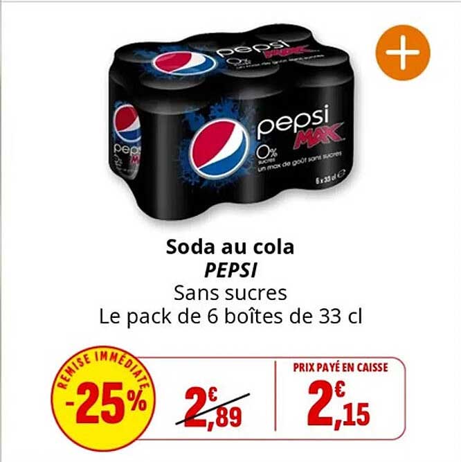 Soda au cola PEPSI Sans sucres Le pack de 6 boîtes de 33 cl