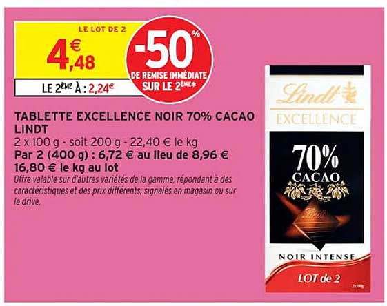 TABLETTE EXCELLENCE NOIR 70% CACAO LINDT