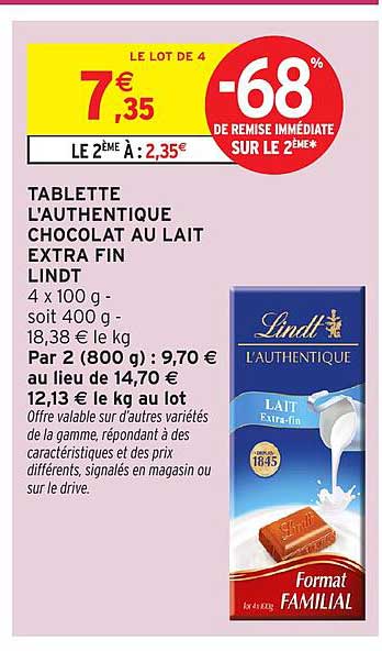 TABLETTE L'AUTHENTIQUE CHOCOLAT AU LAIT EXTRA FIN LINDT
