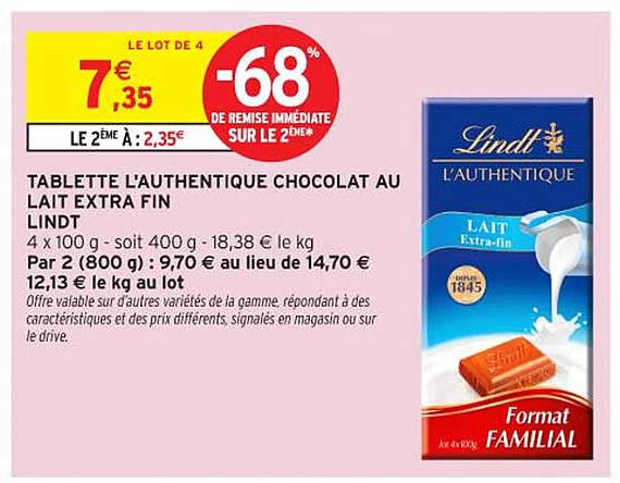 TABLETTE L'AUTHENTIQUE CHOCOLAT AU LAIT EXTRA FIN LINDT