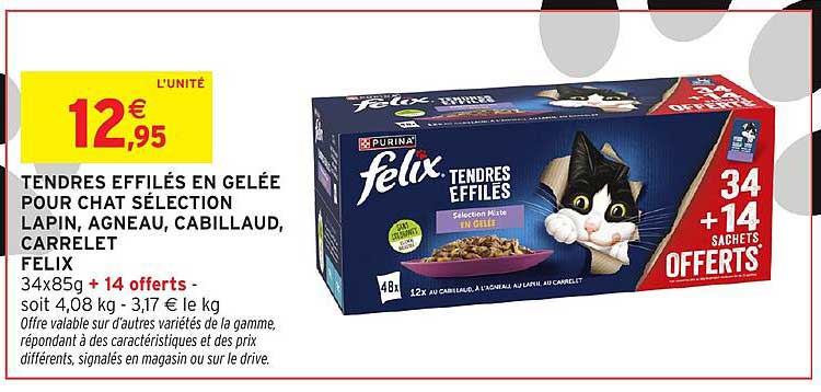 TENDRES EFFILÉS EN GELÉE POUR CHAT SÉLECTION LAPIN, AGNEAU, CABILLAUD, CARRELET FELIX