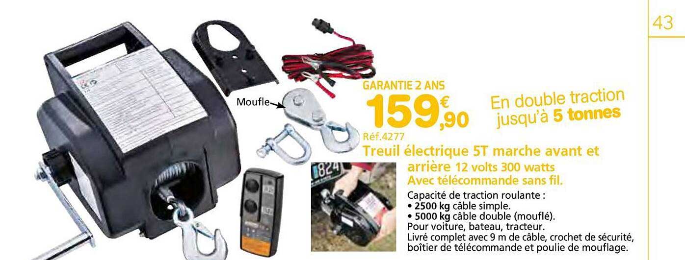 Treuil électrique 5T marche avant et arrière 12 volts 300 watts Avec télécommande sans fil.