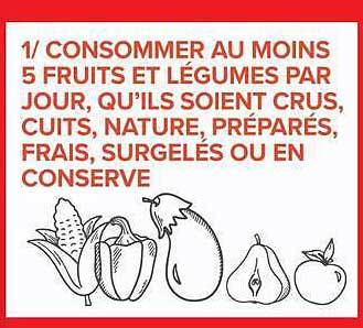 1/ CONSOMMER AU MOINS 5 FRUITS ET LÉGUMES PAR JOUR, QU'ILS SOIENT CRUS, CUITS, NATURE, PRÉPARÉS, FRAIS, SURGELÉS OU EN CONSERVE