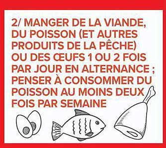 2/ MANGER DE LA VIANDE, DU POISSON (ET AUTRES PRODUITS DE LA PÊCHE) OU DES OEUFS 1 OU 2 FOIS PAR JOUR EN ALTERNANCE ; PENSER À CONSOMMER DU POISSON AU MOINS DEUX FOIS PAR SEMAINE