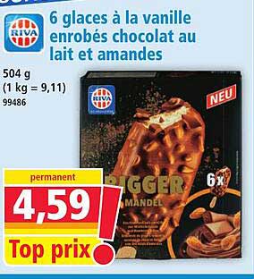6 glaces à la vanille enrobés chocolat au lait et amandes