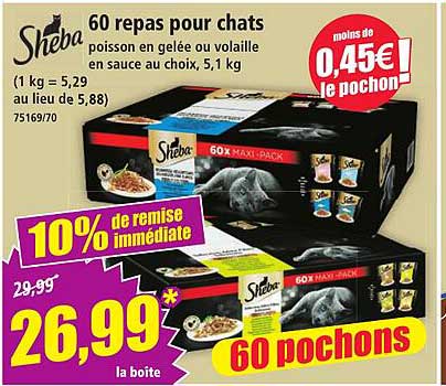 60 repas pour chats poisson en gelée ou volaille en sauce au choix, 5,1 kg