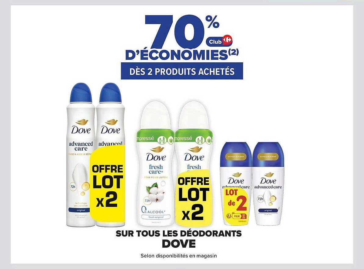 70% d'économies dès 2 produits achetés sur tous les déodorants Dove