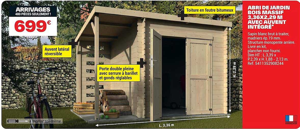 ABRI DE JARDIN BOIS MASSIF 3,36X2,29 M AVEC AUVENT INTÉGRÉ