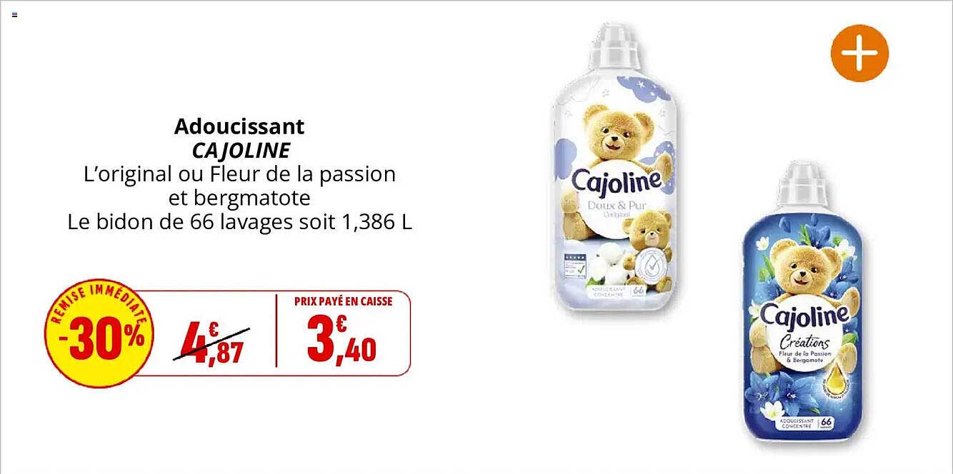 Adoucissant CAJOLINE L’original ou Fleur de la passion et bergamote Le bidon de 66 lavages soit 1,386 L