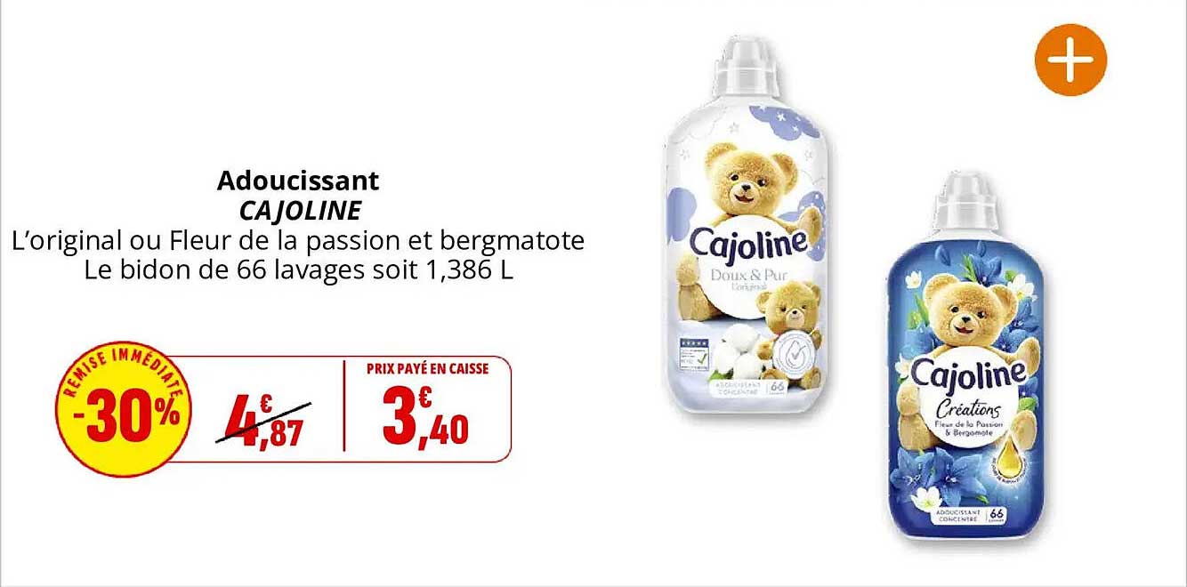 Adoucissant CAJOLINE L'original ou Fleur de la passion et bergamote Le bidon de 66 lavages soit 1,386 L