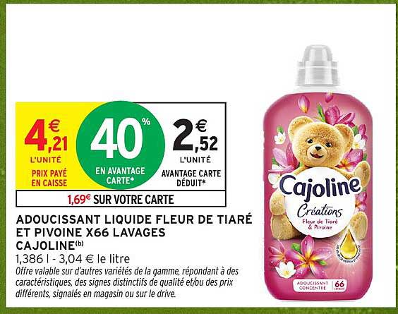 ADOUCISSANT LIQUIDE FLEUR DE TIARÉ ET PIVOINE X66 LAVAGES CAJOLINE