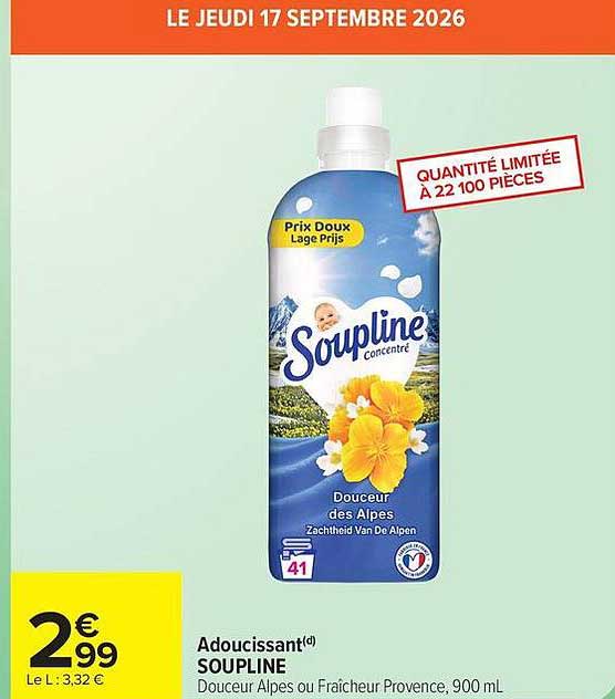 Adoucissant SOUPLINE Douceur Alpes ou Fraîcheur Provence, 900 mL