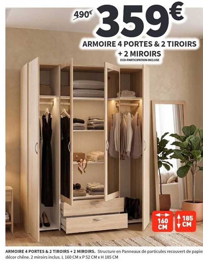 ARMOIRE 4 PORTES & 2 TIROIRS + 2 MIROIRS