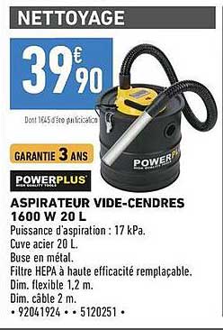 ASPIRATEUR VIDE-CENDRES 1600 W 20 L