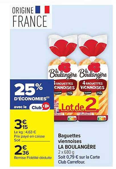 Baguettes viennoises LA BOULANGÈRE 2 x 680 g Lot de 2