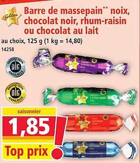 Barre de massepain** noix, chocolat noir, rhum-raisin ou chocolat au lait
