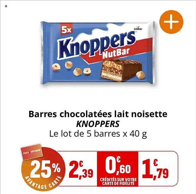 Barres chocolatées lait noisette KNOPPERS Le lot de 5 barres x 40 g